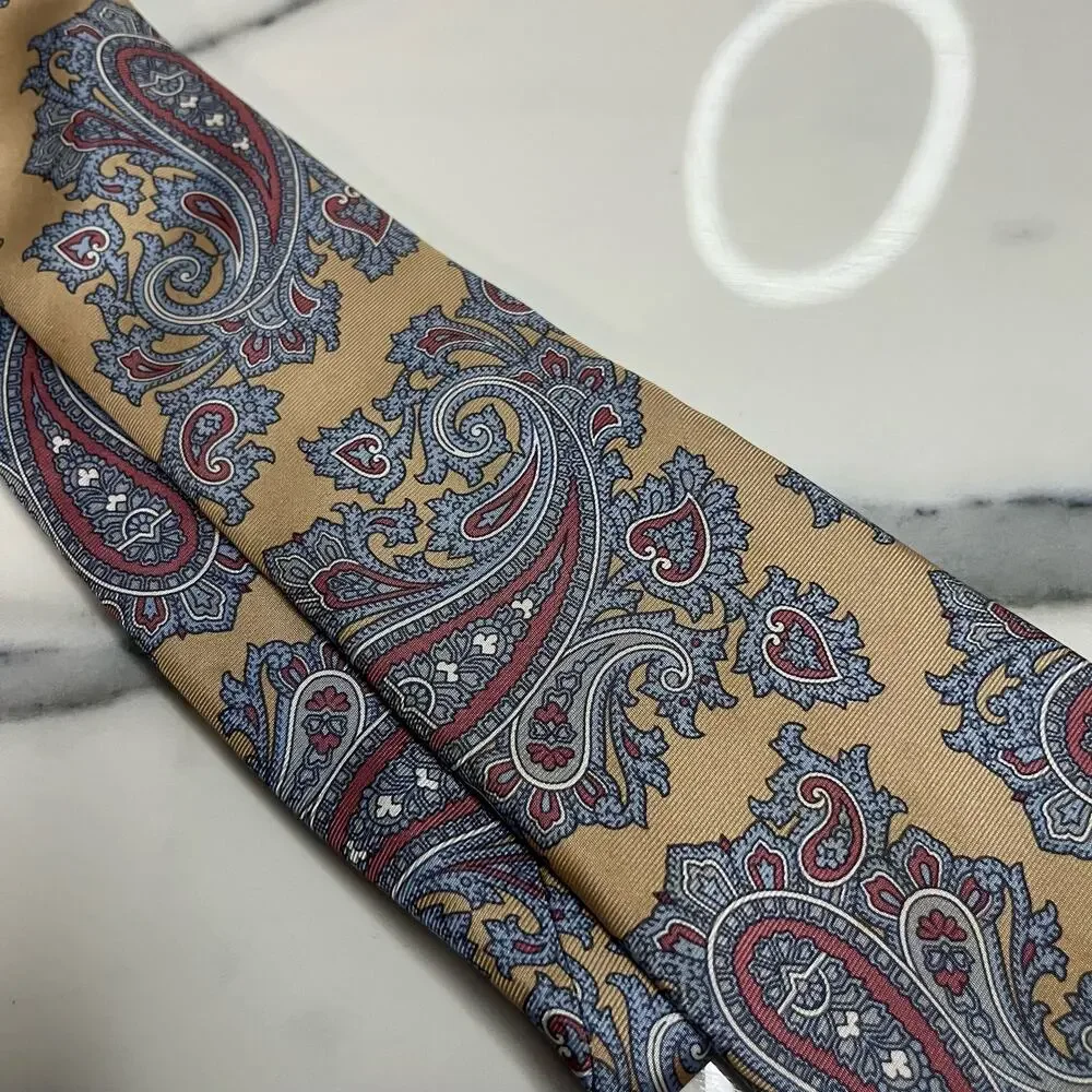 Liberty of London Men's Gold Blue Paisley Classic Length 100% Silk Tie Luxury